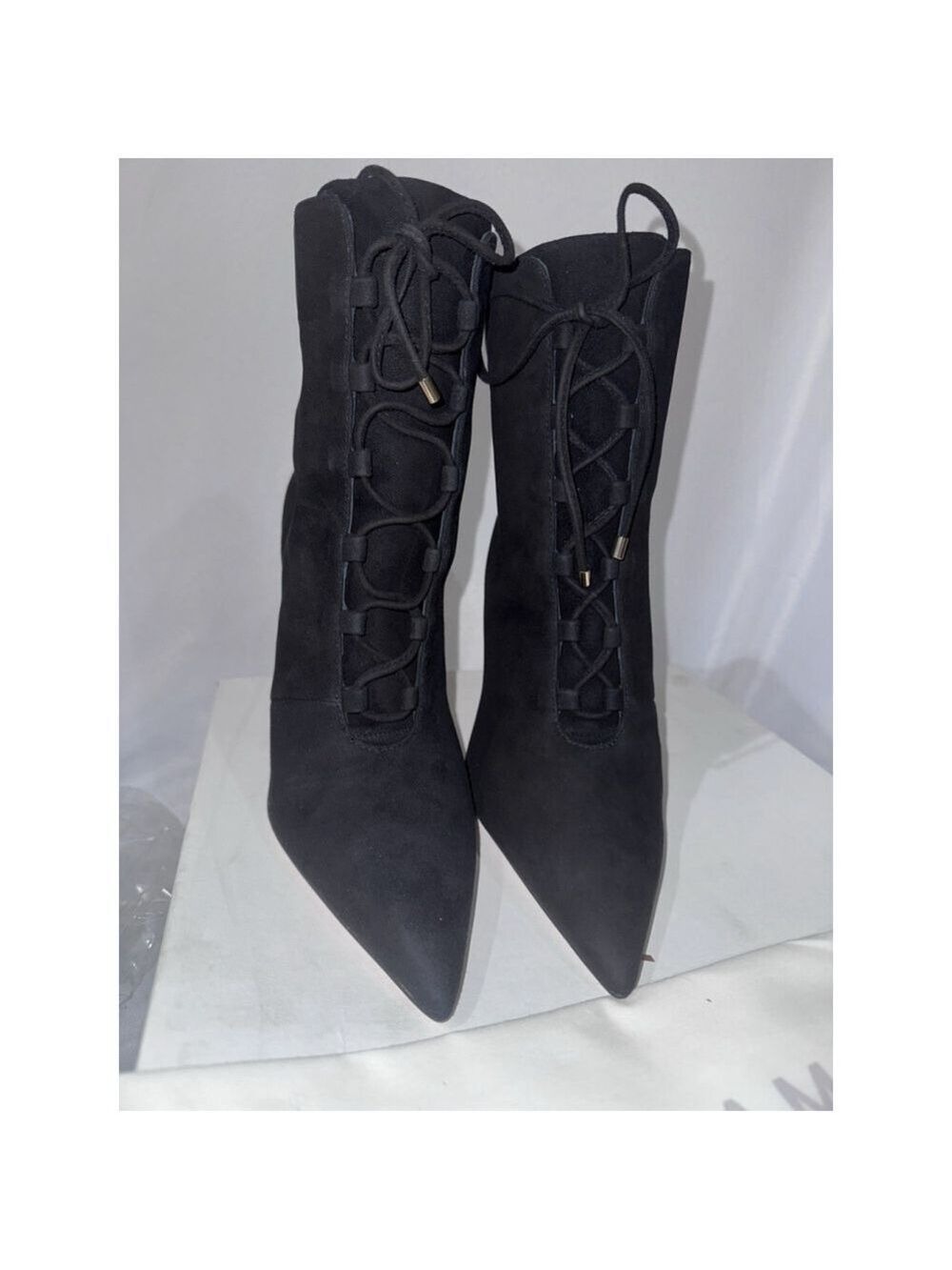 Good American Shoes Womens 7.5 Black Suede Booties Stiletto Heel Boots GA012K-E - Picture 2 of 12